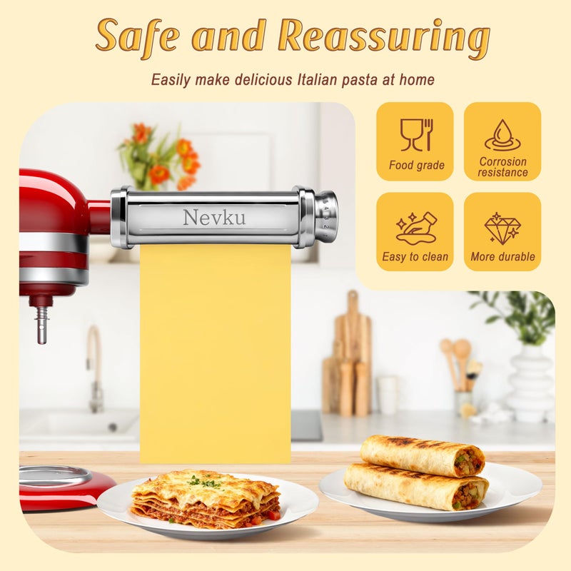NEVKU Pasta Roller Attachment for KitchenAid Stand Mixer, Stainless steel Pasta Roller Attachment with 8 Adjustable thickness knob, Stainless Steel Pasta Maker accessory Machine - Image 2